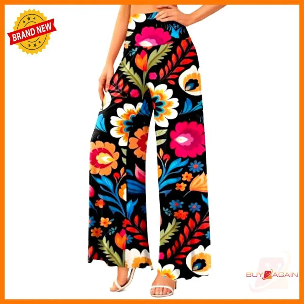 Stretchy High Waist Wide Leg Palazzo Lounge Pants S-3XL Polyester Spandex